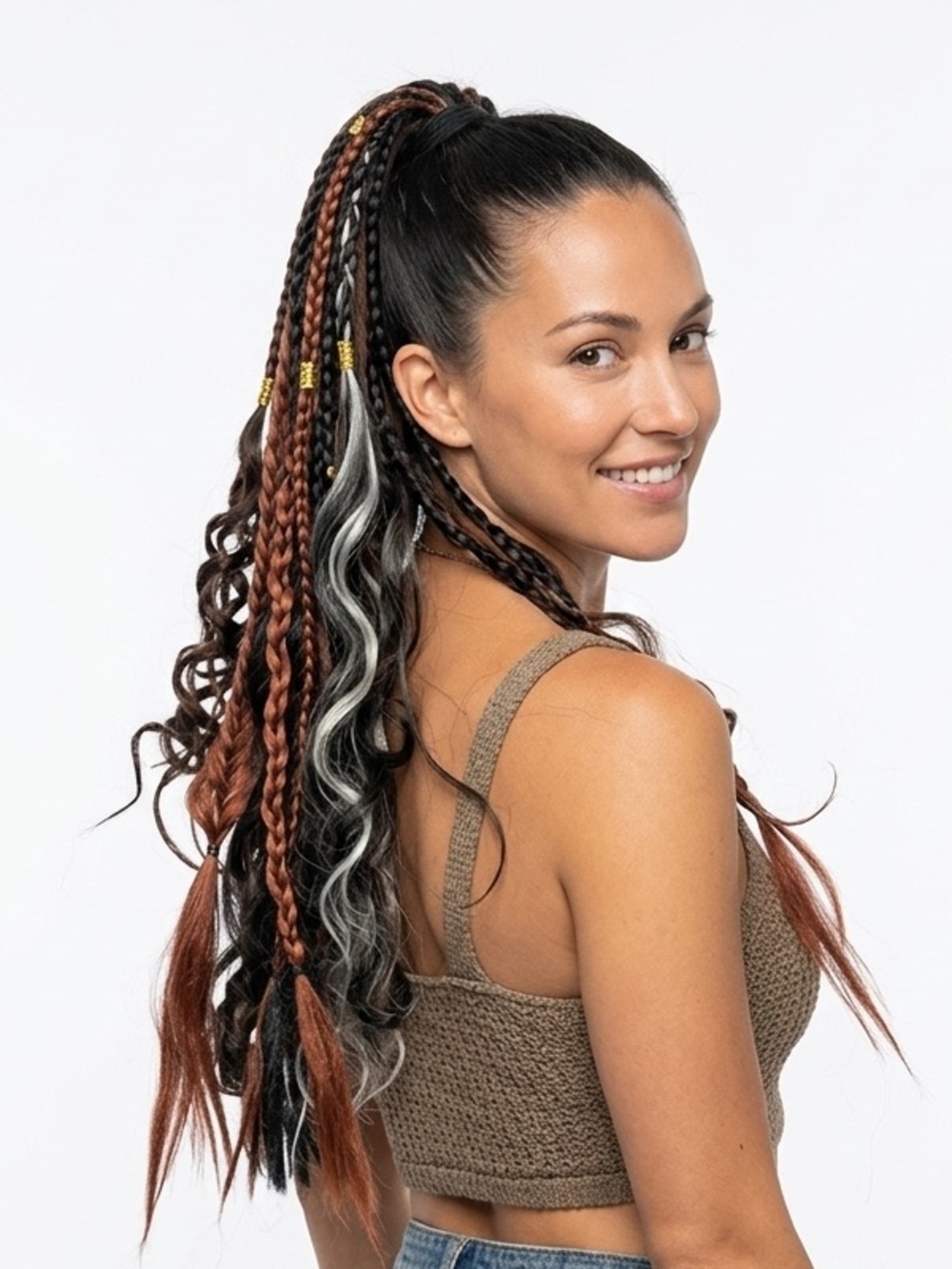 Synthetic Braids Ponytail Extensions Brown Black Grey 23” Festival Dreadlock
